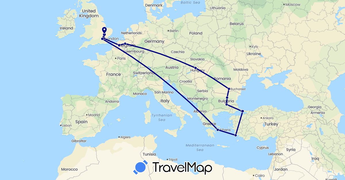 TravelMap itinerary: driving in Belgium, Bulgaria, France, United Kingdom, Greece, Hungary, Romania, Turkey (Asia, Europe)